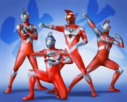 4boys alien blue_background clenched_hands color_timer colored_skin commentary crossed_arms gradient_background looking_ahead male_focus multicolored_skin multiple_boys on_one_knee pointing pointy_ears red_skin silver_skin standing tokusatsu translation_request ultra_series ultraman_hotto ultraman_kitto ultraman_motto ultraman_zearth ultraman_zearth_(series) wrinkled_skin yellow_eyes yusao