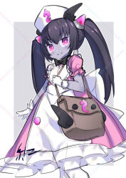 1girl absurdres alternate_costume apron bag ben1shoga black_bow black_bowtie black_hair border bow bowtie brown_bag chrome_(mon-musu_quest!) closed_mouth colored_skin commentary_request cowboy_shot demon_girl dress gloves grey_background grey_skin hat highres horns long_hair mon-musu_quest! mon-musu_quest:_paradox nurse_cap pink_dress pink_eyes pink_horns puffy_short_sleeves puffy_sleeves ringed_eyes rod_of_asclepius short_sleeves shoulder_bag signature smile thighhighs twintails watermark watermark_grid white_apron white_border white_gloves white_hat white_thighhighs winged_bag winged_hat