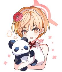 1girl bare_arms bare_shoulders blonde_hair blue_archive blush china_dress chinese_clothes commentary cropped_torso dress flower hair_flower hair_ornament hairband halo highres holding holding_stuffed_toy looking_at_viewer marina_(blue_archive) marina_(qipao)_(blue_archive) official_alternate_costume open_mouth red_flower red_halo shirocha_tei short_hair simple_background sleeveless sleeveless_dress solo stuffed_animal stuffed_panda stuffed_toy sweatdrop twitter_username white_background white_dress white_hairband yellow_eyes