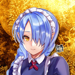 1girl blue_hair braid commentary_request hair_over_one_eye highres long_hair maid maid_headdress mugen_no_sudadokei original pointy_ears portrait smile solo yellow_eyes