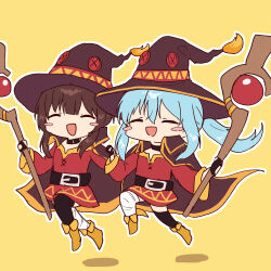Rule 34 | 2girls, :d, alternate costume, bandaged leg, bandages, belt, black belt, black choker, black gloves, black thighhighs, blush stickers, boots, brown cape, brown hat, cape, chocoeiru, choker, closed eyes, commentary request, cosplay, dress, fingerless gloves, flat chest, gloves, hair between eyes, hands up, hat, highres, holding, holding staff, kono subarashii sekai ni shukufuku wo!, long hair, long sleeves, mage staff, matching outfits, megumin, megumin (cosplay), multiple girls, open mouth, outline, ponytail, red dress, rimuru tempest, short hair with long locks, sidelocks, simple background, single thighhigh, smile, staff, tensei shitara slime datta ken, thighhighs, white outline, witch hat, yellow background, yellow boots, yellow trim, zettai ryouiki