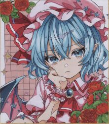 Rule 34 | 1girl, 870hanamarumomo, alternate eye color, ascot, bat wings, blue brooch, blue eyes, blue hair, brooch, closed mouth, collared shirt, commentary request, dated, flower, frilled shirt collar, frills, frown, hand on own cheek, hand on own face, hat, hat ribbon, highres, jewelry, looking at viewer, medium hair, mob cap, pink hat, pointy ears, red ascot, red flower, red ribbon, red rose, remilia scarlet, ribbon, rose, shikishi, shirt, short sleeves, signature, solo, touhou, traditional media, wings, wrist cuffs