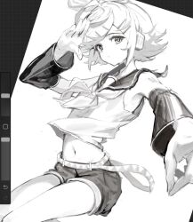 1girl =_hair_ornament art_program_in_frame belt bow_hairband closed_mouth cropped_shirt detached_sleeves expressionless greyscale hair_ornament hairband hairclip headset kagamine_rin looking_at_viewer midriff monochrome navel neckerchief sailor_collar salute shirt short_hair short_shorts shorts simple_background sketch sleeveless sleeveless_shirt solo vocaloid white_background yukhoe_(kaje7pi)