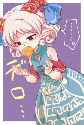 Rule 34 | 1girl, bare shoulders, blue bow, blue dress, border, bow, chinese clothes, detached sleeves, dress, earrings, eating, facing viewer, food, goat horns, hands up, honey, hoop earrings, horns, jewelry, kimi3735, looking down, medium hair, pointy ears, puffy cheeks, red eyes, red horns, simple background, sleeveless, sleeveless dress, solo, touhou, toutetsu yuuma, upper body, white border, white hair