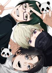 Rule 34 | 1girl, 2boys, black hair, blue eyes, brown eyes, glasses, green hair, high collar, highres, inumaki toge, jacket, jujutsu kaisen, jujutsu tech uniform, long hair, looking at another, looking at viewer, multiple boys, okkotsu yuuta, open mouth, ponytail, purple eyes, school uniform, short hair, simple background, smile, v, white background, white jacket, yorozuya37, zen&#039;in maki