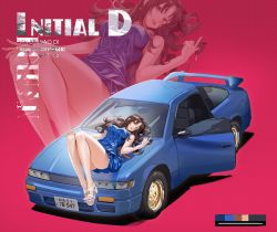 1girl absurdres bare_arms bare_legs blue_dress blue_nails breasts brown_eyes brown_hair car car_keys commentary_request dress earrings full_body high_heels highres initial_d jewelry koi_han large_breasts lips long_hair lying motor_vehicle nail_polish nissan nissan_sileighty on_back parted_lips red_background sandals satou_mako sleeveless sleeveless_dress solo sports_car toenail_polish toenails vehicle_focus zoom_layer