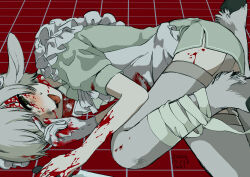 1boy absurdres animal_ears apron black_eyes blood blood_on_face blood_on_hands crossdressing dated dress frilled_apron frilled_dress frills garter_straps green_dress grey_hair grid_background highres holding holding_knife hooves knife leg_wrap maid maid_headdress male_focus male_maid on_floor original red_background short_hair small_horns solo thighs tongue tongue_out user_myng3574 white_fur