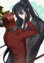 1boy 1other alpha_00000 analog_clock black_eyes black_gloves black_hair clock closed_mouth coat collared_coat collared_shirt dante_(limbus_company) fire gloves green_eyes grey_coat grey_vest hand_on_another&#039;s_face hand_on_another&#039;s_head heterochromia high_ponytail highres hong_lu_(project_moon) limbus_company long_hair long_sleeves looking_at_another necktie object_head polearm ponytail project_moon red_coat red_necktie shirt smile upper_body vest weapon white_shirt