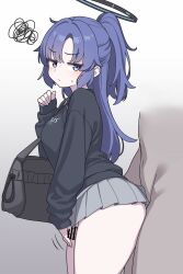 1boy 1girl absurdres alternate_costume bar_censor black_halo black_hoodie blue_archive breasts censored erection grey_skirt grinding halo hetero highres hood hood_down hoodie large_breasts long_sleeves mechanical_halo miniskirt penis ponytail purple_eyes purple_hair skirt solo_focus squiggle thick_thighs thigh_sex thighs vector_(dmlddmld00) yuuka_(blue_archive)