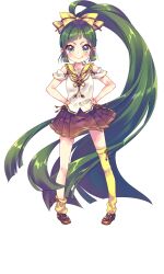 1girl absurdly_long_hair blue_eyes blush brown_shoes brown_skirt closed_mouth ech fang full_body green_hair hands_on_own_hips high_ponytail highres long_hair looking_at_viewer miniskirt nozawa_nana official_art onsen_musume pleated_skirt ponytail sailor_collar shirt shoes simple_background skirt smile solo standing transparent_background very_long_hair white_shirt yellow_sailor_collar