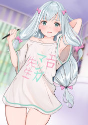 1girl absurdres blue_eyes blurry blush bow breasts clothes_writing commentary_request depth_of_field eromanga_sensei gluteal_fold hair_bow highres holding holding_pen huge_filesize izumi_sagiri long_hair looking_at_viewer low-tied_long_hair off_shoulder open_mouth pen pink_bow short_sleeves silver_hair small_breasts solo uiri-na wide_sleeves