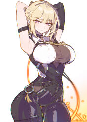 1girl arm_strap black_pants blonde_hair chest_harness elbow_gloves evelyn_chevalier gloves hair_up harness high-waist_pants highres latex_pants necktie oetchi pants purple_eyes single_elbow_glove solo tight_clothes tight_pants yellow_necktie zenless_zone_zero