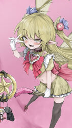 1girl absurdres alternate_costume black_choker black_souls black_thighhighs character_doll choker crop_top doll fairy fang gloves green_eyes green_hair green_shirt green_skirt green_wings grimm_(black_souls) hand_up highres holding holding_staff leaf_(black_souls) long_hair navel open_mouth pointy_ears red_hood_(black_souls) scrapiron2800 shirt skirt smile solo staff thighhighs v white_gloves wings