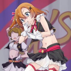 2girls azukilib belt black_vest blue_eyes blurry blurry_background cheek_bulge closed_mouth covering_own_mouth cowboy_shot crop_top cropped_vest earrings faceless faceless_female frilled_shirt frills gloves hair_between_eyes hair_ornament hair_ribbon hands_up heart heart_earrings idol idol_clothes jewelry koizumi_hanayo kosaka_honoka layered_skirt leaning_forward looking_down love_live! love_live!_school_idol_project midriff miniskirt multiple_girls nausea navel neck_ribbon nervous no_brand_girls one_side_up open_clothes open_vest orange_hair red_ribbon ribbon shirt short_hair short_sleeves sidelocks skirt solo_focus standing stomach sweat tears thighhighs two-tone_skirt vest white_gloves white_shirt white_thighhighs wide-eyed x_hair_ornament