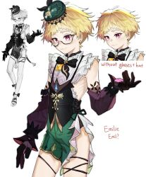 1boy absurdres bana_gameg bishounen black_bow black_bowtie black_vest blonde_hair blush bow bowtie brown_gloves brown_sleeves earrings emilie_(genshin_impact) genderswap genderswap_(ftm) genshin_impact glasses gloves green_hat green_shorts hat highres jewelry male_focus multicolored_hair pink_eyes semi-rimless_eyewear short_hair shorts smile solo vest