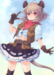 Rule 34 | 1girl, alternate costume, animal ears, bandana, bandana around neck, belt, black gloves, black skirt, black thighhighs, blue shirt, blue sky, brown belt, brown vest, closed mouth, cloud, commentary request, commission, cowboy, cowboy shot, gloves, grey hair, index finger raised, jewelry, looking at viewer, midriff, mouse ears, mouse girl, mouse tail, navel, nazrin, pendant, red bandana, red eyes, ribbon-trimmed skirt, ribbon trim, shirt, short hair, short sleeves, skeb commission, skirt, sky, smile, solo, tail, thighhighs, tied shirt, tomobe kinuko, touhou, vest, western