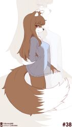1girl animal_ear_fluff animal_ears arm_behind_back artist_name ass blunt_bangs breasts brown_hair closed_mouth eyebrows_hidden_by_hair furry furry_female grey_hair highres holo likunea long_hair looking_at_viewer nipples patreon_logo patreon_username red_eyes see-through_clothes see-through_shirt shirt small_breasts smile solo spice_and_wolf standing tail thighs twitter_username twitter_x_logo very_long_hair white_background wolf_ears wolf_girl wolf_tail