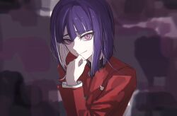 Rule 34 | 1boy, blunt bangs, blunt ends, colored inner hair, fu ga (vivi912912), gakuran, hand on own chin, highres, jacket, looking at viewer, male focus, multicolored hair, pink eyes, purple background, purple hair, red jacket, school uniform, short hair, smile, solo, the hundred line -last defense academy-, tsukumo ima, two-tone hair, upper body