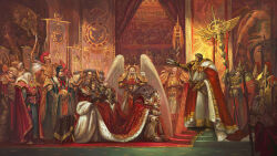 6+boys adeptus_custodes angel_wings angron armor armor_of_mars_(warhammer) armored_boots bald banner beard black_facial_hair black_hair black_legion blonde_hair blood_angels boots breastplate butchers_nails cape ceremony character_name cloak closed_mouth colored_skin commentary constantin_valdor coronation couter cuirass death_guard emperor&#039;s_children emperor_of_mankind english_commentary eye_of_horus_(warhammer) facepaint facial_hair facial_tattoo feathered_wings from_side fulgrim gauntlets gem gold gold_armor greaves grey_armor grey_hair highres holding holding_polearm holding_tray holding_weapon hood hooded_cloak horus_lupercal imperial_fists indoors jaghatai_khan kheljay kneeling laurel_crown leg_armor leopard_pelt lightning_bolt_symbol long_hair long_mustache looking_at_another lorgar_aurelian magnus_the_red malcador_the_sigillite male_focus marble_(stone) marble_sculpture mature_male missing_eye mohawk mortarion mouth_hold multiple_boys mustache ornate_armor pauldrons pelt pelvic_curtain pink_cape polearm power_armor primarch red_carpet red_curtains red_gemstone red_hair red_plume red_skin regalia_resplendent rerebrace rogal_dorn roman_numeral royal_robe sanguinius sheath sheathed short_hair shoulder_armor sitting snow_leopard_pelt standing straight-on tattoo thousand_sons topknot tray warhammer_40k weapon white_hair white_scars white_wings wildfire_panoply wings wolf word_bearers world_eaters