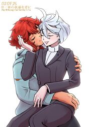 2girls absurdres black_jacket black_pants blue_jacket closed_eyes closed_mouth commentary dated english_commentary facial_scar grin gundam gundam_suisei_no_majo highres jacket jewelry kiss kissing_cheek long_hair long_sleeves miorine_rembran multiple_girls pants red_hair ring scar scar_on_cheek scar_on_face short_hair simple_background sitting sitting_on_lap sitting_on_person smile suletta_mercury supersonicsoda translation_request wedding_ring white_background white_hair wife_and_wife yuri