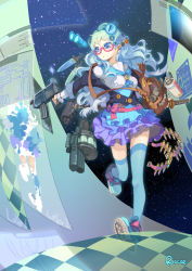 1girl blue_eyes blue_hair bow crayon female_focus glasses gun highres long_hair magazine_(object) magazine_(weapon) matching_hair/eyes open_mouth pixiv pixiv-tan riccae skirt solo spray_paint sword thighhighs weapon