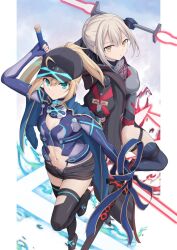 2girls ahoge armor artoria_pendragon_(fate) asymmetrical_dual_wielding baseball_cap black_coat black_hat black_shorts black_thighhighs blonde_hair blue_jacket blue_panties blue_scarf blue_shirt blue_thighhighs braid breastplate breasts bun_with_braided_base cleavage cleavage_cutout clothing_cutout coat cross_(crossryou) cross_calibur_(fate) double_blade dual_persona dual_wielding energy_sword excalibur_(fate/stay_night) excalibur_morgan_(fate) fate/grand_order fate_(series) from_above full_body gloves glowing glowing_sword glowing_weapon green_eyes grey_hair grey_leotard hair_between_eyes hair_bun hair_through_headwear hat highres himitsucalibur_(fate) holding holding_sword holding_weapon hood hood_down hooded_coat jacket jacket_on_shoulders leotard lightsaber long_coat long_hair long_sleeves looking_ahead medium_breasts midriff multiple_girls mysterious_heroine_x_(fate) mysterious_heroine_x_(third_ascension)_(fate) mysterious_heroine_x_alter_(fate) mysterious_heroine_x_alter_(third_ascension)_(fate) navel open_clothes open_fly open_shorts panties panty_peek parted_lips ponytail saber_wars scarf shirt short_hair shorts sidelocks sword thigh_strap thighhighs thighs track_jacket underwear weapon yellow_eyes
