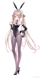 1girl absurdres animal_ears bare_shoulders black_leotard blonde_hair breasts commentary_request detached_collar detached_sleeves drowsyww fake_animal_ears fishnet_pantyhose fishnets full_body hand_on_own_hip high_heels highres holding leotard long_hair looking_at_viewer necktie original pantyhose playboy_bunny rabbit_ears rabbit_tail simple_background smile solo standing strapless strapless_leotard tail twintails very_long_hair white_background wrist_cuffs