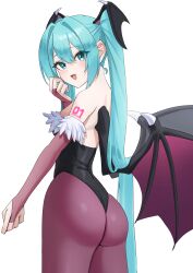 1girl alternate_costume amaama_(beccyonaika1) aqua_eyes aqua_hair ass bare_shoulders blush bridal_gauntlets come_hither demon_girl fangs from_behind hatsune_miku head_wings leotard long_hair looking_at_viewer open_mouth pantyhose smile solo twintails vampire very_long_hair vocaloid wings