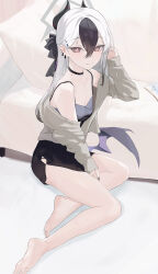 1girl absurdres barefoot black_dress black_hair black_horns black_nails blue_archive blush breasts brown_jacket cleavage closed_mouth commentary_request couch dress ear_piercing feet hair_between_eyes halo hand_up highres horns jacket kayoko_(blue_archive) kayoko_(dress)_(blue_archive) long_hair long_sleeves looking_at_viewer mole mole_on_neck multicolored_hair off_shoulder official_alternate_costume official_alternate_hairstyle piercing pillow red_eyes sitting small_breasts smile solo two-tone_hair xin_kong_miao_you_my