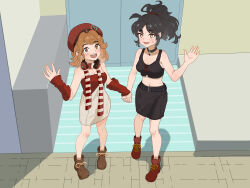Rule 34 | 2girls, :d, absurdres, an-an lee, ankle boots, bare arms, bare shoulders, beret, black choker, black hair, black skirt, black tank top, boots, brown boots, brown eyes, brown hair, choker, door, fang, from above, full body, hand up, hat, headphones, headphones around neck, highres, holding hands, indoors, legs apart, medium hair, midriff, miniskirt, multiple girls, navel, official alternate costume, open mouth, pale laomo, pencil skirt, ponytail, red arm warmers, red boots, red hat, red scarf, red shirt, regulus (pizza hut) (reverse:1999), regulus (reverse:1999), reverse:1999, scarf, shadow, shirt, short hair, skin fang, skirt, smile, standing, strapless, strapless shirt, striped clothes, striped scarf, sweat, tank top, teeth, two-tone scarf, upper teeth only, waving, white scarf, white skirt, yellow eyes, yin yang