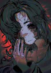 1girl absurdres black_eyes black_nails blood blood_on_face blood_on_hands brown_hair bruise bruise_on_face bruised_eye closed_mouth collarbone despair exhausted hands_on_own_face head_tilt highres horror_(theme) injury jinba_(jinbarta2) long_hair looking_at_viewer original scar scar_on_face sweater_vest