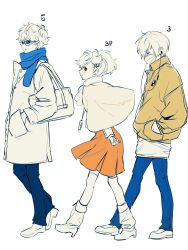 Rule 34 | 1girl, 2boys, amamiya ren, bag, closed eyes, closed mouth, coat, digital media player, earphones, ev3 3er, from side, glasses, hair between eyes, hair ornament, hairclip, hand in pocket, highres, jacket, leg warmers, mask, mouth mask, multiple boys, pants, partially colored, persona, persona 3, persona 3 portable, persona 5, pom pom (clothes), ponytail, scarf, shiomi kotone, simple background, thighhighs, walking, white background, yuuki makoto (persona 3)