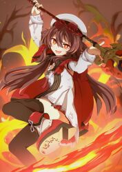 Rule 34 | 1girl, black thighhighs, brown hair, chinese clothes, dress, eyewear on head, fire, flower-shaped pupils, genshin impact, hat, highres, holding, holding polearm, holding weapon, hu tao (cherries snow-laden) (genshin impact), hu tao (genshin impact), long hair, looking at viewer, menchi-men, official alternate costume, open mouth, polearm, red-framed eyewear, red eyes, red nails, solo, staff of homa (genshin impact), symbol-shaped pupils, thighhighs, tinted eyewear, weapon, white dress, white hat, white sleeves