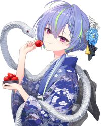 1girl 2025 absurdres alternate_costume blue_flower blue_hair blue_kimono blush bowl chinese_zodiac closed_mouth commentary_request floral_print floral_print_kimono flower food fruit green_hair hair_flower hair_intakes hair_ornament highres holding holding_bowl japanese_clothes kimono long_sleeves looking_at_viewer looking_to_the_side mole mole_under_eye multicolored_hair nanashi_inc. ougimaneki pink_eyes print_kimono short_hair smile snake solo strawberry suzumi_nemo tassel tassel_hair_ornament transparent_background two-tone_hair upper_body variant_set virtual_youtuber wide_sleeves year_of_the_snake yukata