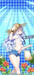 1girl arm_up bag bandaged_arm bandaged_leg bandages bandaid bare_legs basket beach bikini blue_hair blue_shorts blue_sky blush bracelet braid breasts character_name closed_eyes closed_mouth cloud crop_top day denim denim_shorts dutch_angle fence flower flower_pot food fruit giuniu groin hair_between_eyes hair_ornament hand_on_headwear hat hibiscus highres jewelry leaf lily_(flower) long_hair looking_at_viewer medium_breasts midriff navel net ocean one_eye_closed open_fly outdoors palm_tree plant potted_plant purple_hair queen_mary_(uchihime) red_flower ribbon sandals sarashi see-through_clothes shirt short_shorts short_sleeves shorts sign sky small_breasts smile solo standing standing_on_one_leg stomach straw_hat summer swimsuit thighs tied_shirt tomato tree tulip twintails uchi_no_hime-sama_ga_ichiban_kawaii unzipped very_long_hair water watering_can watermelon wet wet_clothes white_shirt
