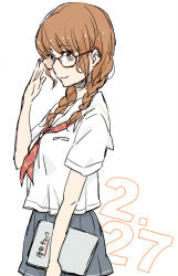 1girl braid female_focus glasses kimi_kiss mizusawa_mao pe88y_(yu_tsugirls) school_uniform serafuku sketch smile solo twin_braids