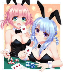 2girls animal_ears black_bow black_bowtie blue_hair bow bowtie breasts card casino christine_ketoura cleavage coin green_eyes highres iris_mysteria! large_breasts leotard looking_at_viewer multiple_girls olivie_cromwright pink_hair playboy_bunny playing_card purple_eyes rabbit_ears short_twintails sktv7753 twintails