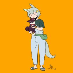 Rule 34 | 1girl, :3, akita inu, animal, animal ears, animalization, closed eyes, closed mouth, commentary request, dog, full body, green hair, green shirt, grey overalls, grey sandals, holding, holding animal, holding dog, horse ears, horse girl, horse tail, nishino flower (umamusume), onikobe rin, orange background, overalls, sandals, seiun sky (umamusume), shirt, short hair, simple background, smile, solo, standing, tail, umamusume
