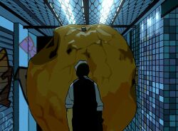 Rule 34 | 1boy, apple, arthropod limbs, black vest, brown hair, ceiling light, food, from behind, fruit, golden apple, graffiti, gregor (project moon), highres, indoors, lcb uniform (project moon), limbus company, looking at object, low ponytail, male focus, ponytail, project moon, rotten, rotting, security shutter, shirt, size difference, solo, tile wall, tiles, vest, white shirt, yongsadragon