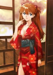 1girl alternate_costume black_sash blue_eyes breasts brown_hair cleavage cloud collarbone cowboy_shot floral_print hairpods hand_up index_finger_raised japanese_clothes kannazuki_utagi kimono lips long_hair looking_at_viewer neon_genesis_evangelion obi parted_lips print_kimono red_kimono sash sky small_breasts solo souryuu_asuka_langley two_side_up very_long_hair window yukata
