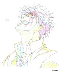 awakening blood blood_on_face blue_eyes crazy crazy_smile excited genga gojou_satoru highres jujutsu_kaisen laughing looking_up mappa_info sketch smile tagme white_hair