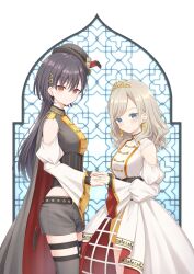 2girls blue_eyes breasts ceras_yanagida_lilienfeld closed_mouth clothing_cutout commentary_request cowboy_shot dress edel_note edelied flower_stand_art grey_hat grey_shorts grey_thighhighs hair_ribbon hanazora_satsuki hat highres holding_hands katsuragi_izumi large_breasts link!_like!_love_live! love_live! multiple_girls orange_eyes ribbon short_shorts shorts shoulder_cutout smile split_mouth swept_bangs thighhighs tilted_headwear unfinished virtual_youtuber white_dress yellow_ribbon