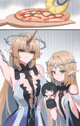 Rule 34 | 2girls, absurdres, arm up, bare shoulders, black collar, black dress, blue eyes, blush, breasts, cartethyia (wuthering waves), closed mouth, collar, commentary, crown of thorns, dress, dual persona, ear wiggle, earrings, english commentary, female rover (wuthering waves), fleurdelys (wuthering waves), floating earrings, food, frown, hand puppet, highres, horns, jewelry, large breasts, long horns, margherita pizza, multiple girls, necklace, out of character, partially shaded face, pineapple on pizza, pizza, pointy ears, puppet, rover (wuthering waves), sidelocks, single horn, small breasts, tabard, tacet mark (wuthering waves), v-shaped eyebrows, wesly2300, white tabard, wuthering waves, yellow horns