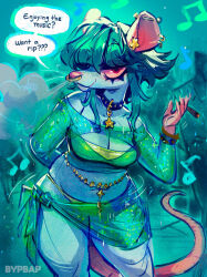 1girl animal_ears aqua_hair artist_name breasts bypbap cleavage commentary cowboy_shot drugs english_commentary english_text eyelashes face_piercing furry furry_female highres holding joint_(drug) large_breasts marijuana midriff mouse_ears mouse_girl mouse_tail musical_note navel nose_piercing nose_ring original pear-shaped_figure piercing red_eyes short_hair skirt solo speech_bubble standing stomach tail watermark