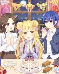 1boy 2girls balloon belt birthday birthday_cake blonde_hair blue_hair blue_jacket breasts brown_belt brown_eyes brown_hair cake chinese_commentary date_a_live double_bun flower food fork full_moon gift hair_between_eyes hair_bun hair_flower hair_ornament happy_birthday highres hoshimiya_asahi hoshimiya_mukuro indoors itsuka_shido jacket large_breasts long_hair moon multiple_girls night open_clothes open_jacket open_mouth own_hands_together plate shirt short_hair smile teapot tsubasaki white_shirt yellow_eyes