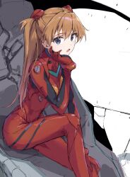 1girl :o blue_eyes bodysuit breasts brown_hair long_hair looking_at_viewer neon_genesis_evangelion open_mouth red_bodysuit sitting skin_tight souryuu_asuka_langley tagme wide_hips yanagi_marie