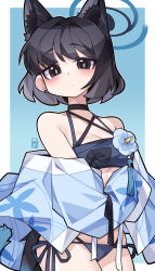 absurdres animal_ears arang_(arang0220) bare_shoulders bikini black_eyes black_hair blue_archive blue_bikini blue_halo cat_ears cat_tail halo highres kikyou_(blue_archive) kikyou_(swimsuit)_(blue_archive) looking_at_viewer medium_hair multiple_tails official_alternate_costume swimsuit tail thighs two_tails white_background