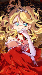 1girl ashita_no_nadja blonde_hair blue_eyes broken_mirror commentary_request crown dress earrings elbow_gloves evil_smile eyelashes floating_hair gloves highres holding jewelry kuwabara_(mola_8) long_hair looking_at_viewer mirror necklace red_dress rosemary_applefield smile solo upper_body white_gloves