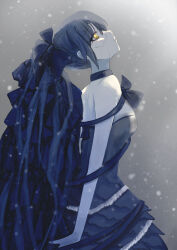 1girl bare_shoulders blue_dress bow choker closed_mouth cracked_face cracked_skin dress from_side grey_dress grey_hair hair_bow highres long_hair looking_up michikusaboushi_(p_o_q) muted_color original ponytail profile sleeveless sleeveless_dress snowing solo upper_body very_long_hair wide_ponytail yellow_eyes