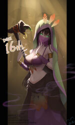Rule 34 | 1girl, anniversary, arm warmers, armlet, black border, black sash, border, bra, bracelet, breasts, brown hair, cleavage, commentary request, dragon quest, dragon quest ix, euglenaaa, feathers, gold armlet, gold bracelet, green eyes, green veil, highres, holding, holding staff, jewelry, large breasts, long hair, looking at viewer, mask, midriff, mouth veil, navel, pink pupils, purple arm warmers, purple bra, purple mask, purple nails, purple skirt, purple trim, sash, see-through clothes, see-through mask, sharmana, skirt, smile, smoke, solo, staff, underwear, veil, yellow background